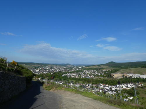 Der Blick auf Ahrweiler mit der markanten Hochbrücke der A61 und dem ebenso markanten Ursulinenkongregation Calvarienberg Ahrweiler rechts im Bild